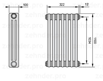Схема (чертеж) Радиатор Zehnder Charleston 3110/7 №7610 Белый глянцевый RAL 9016